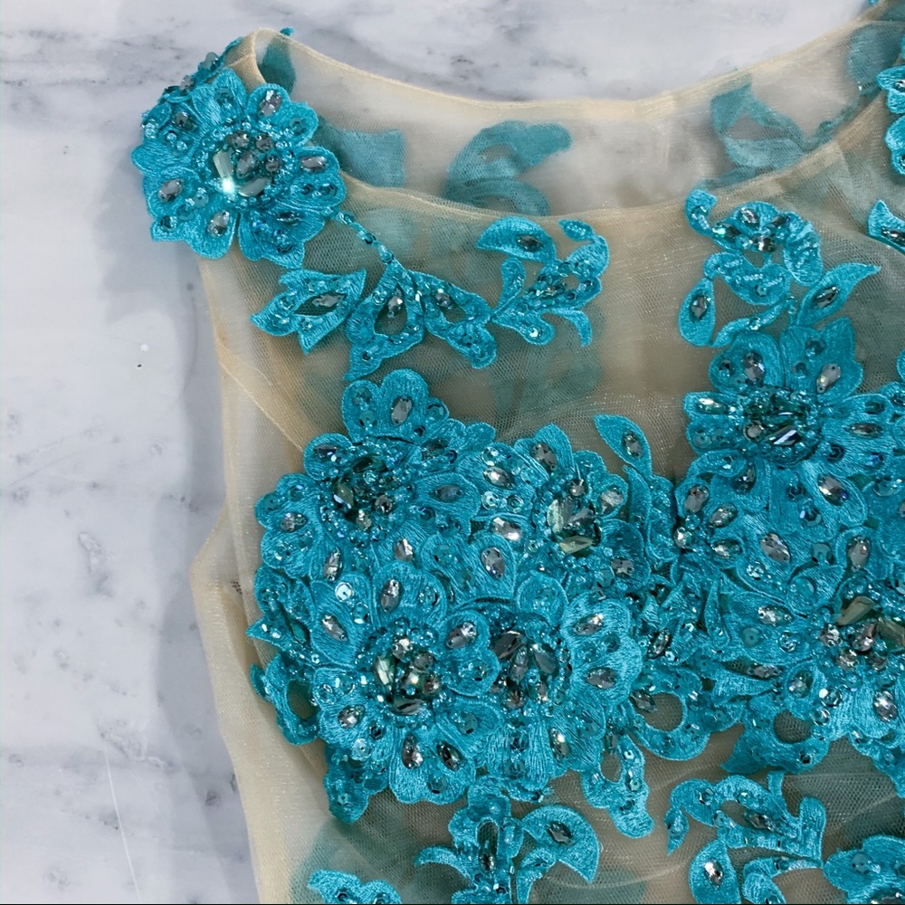 Fitted Illusion Blue Lace Prom Pageant Dress - Picture 2 of 8